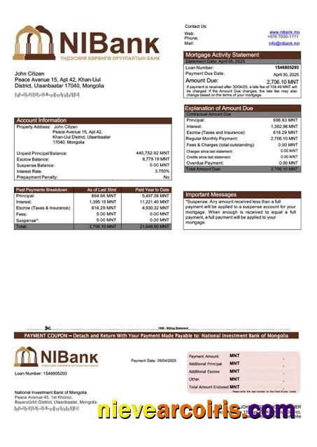 Mongolia National Investment Bank of Mongolia mortgage statement Word and PDF template